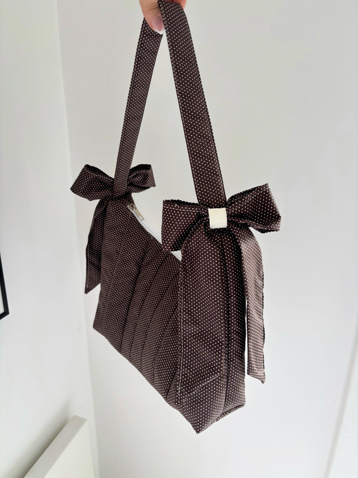 Brown mini polka dot bow shoulder bag