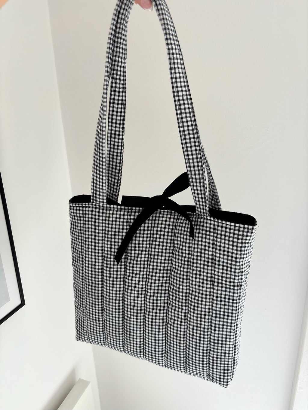 Black and white gingham quilted tote bag