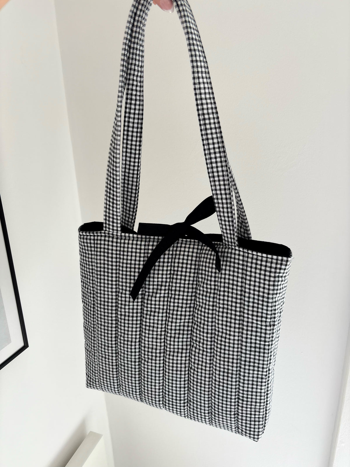 Black and white gingham quilted tote bag