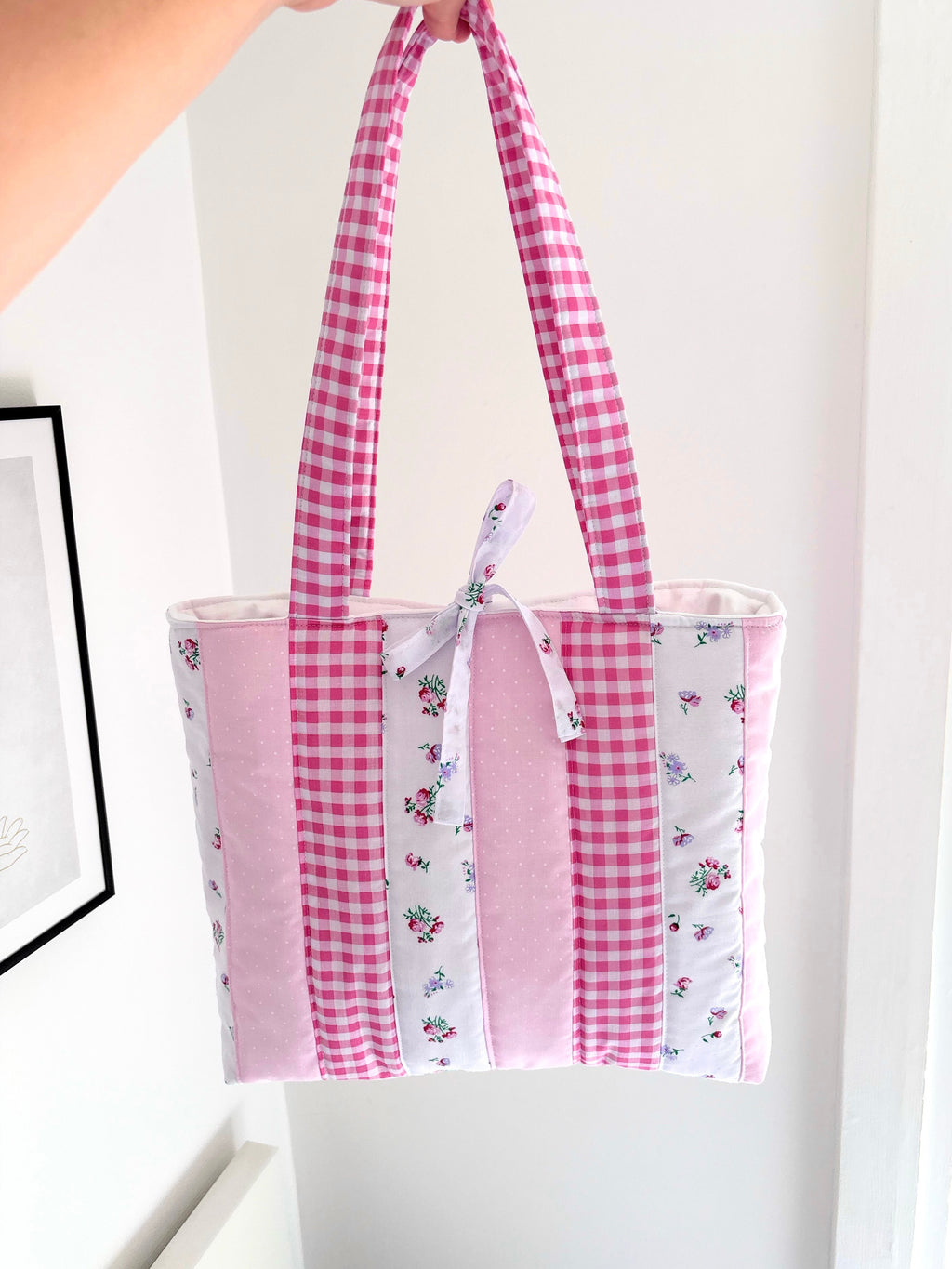 Candy pink patchwork tote bag