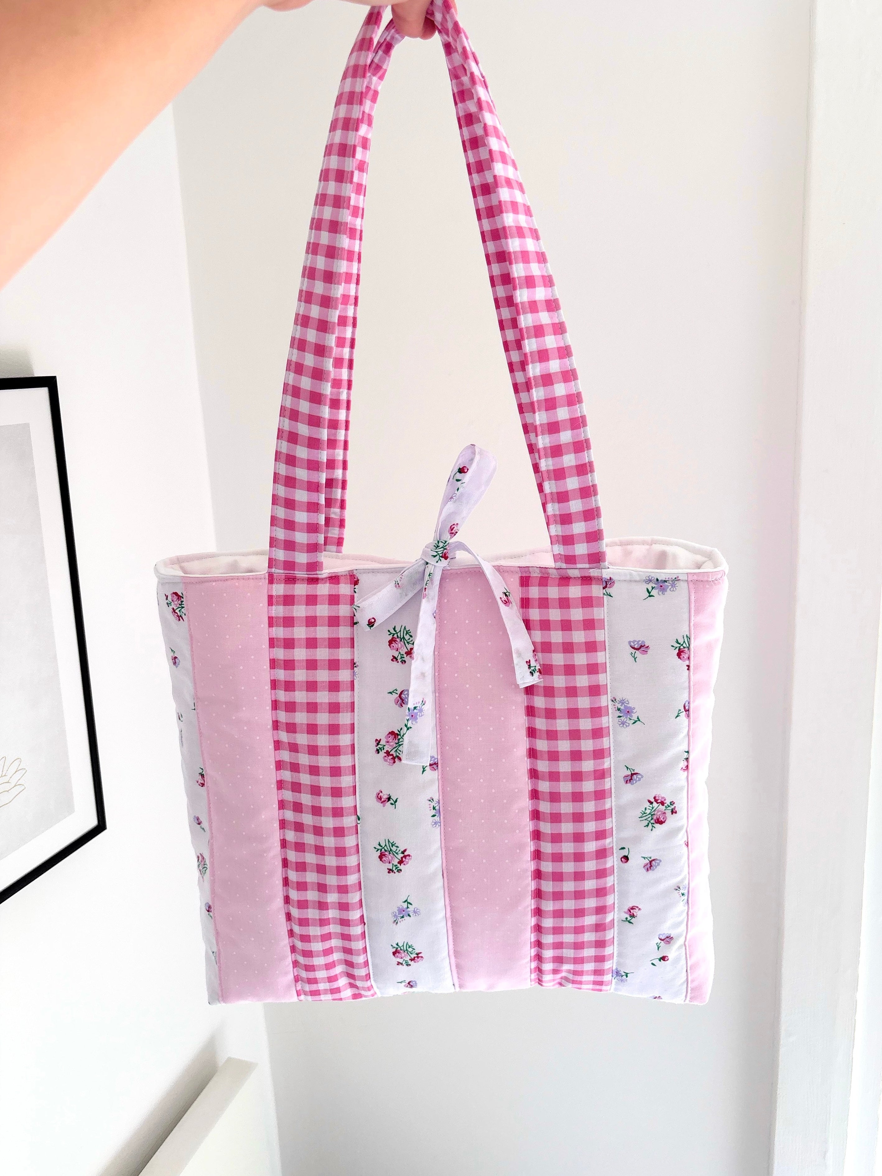 Candy pink patchwork tote bag