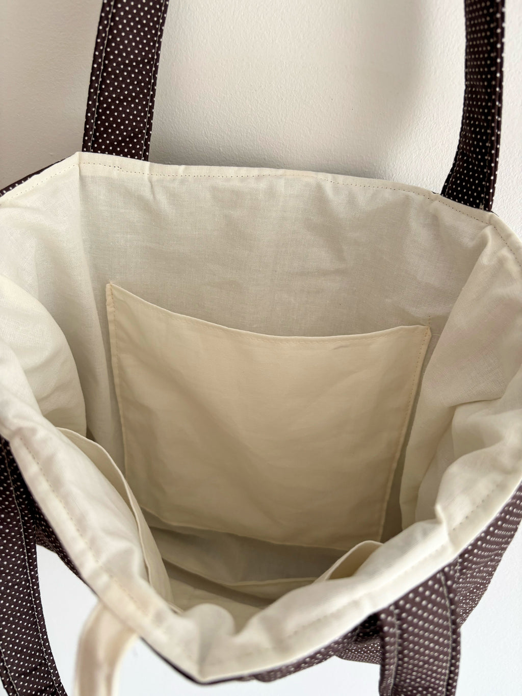 Brown mini polka dot quilted tote bag