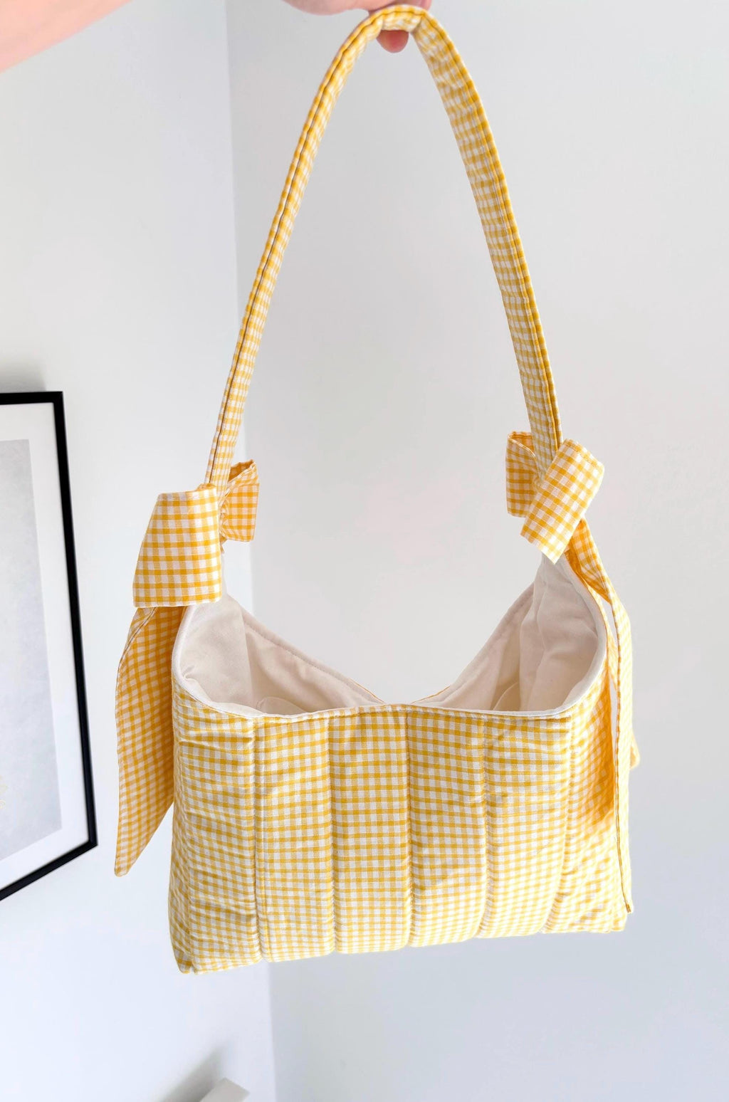 Yellow gingham mini bow shoulder bag
