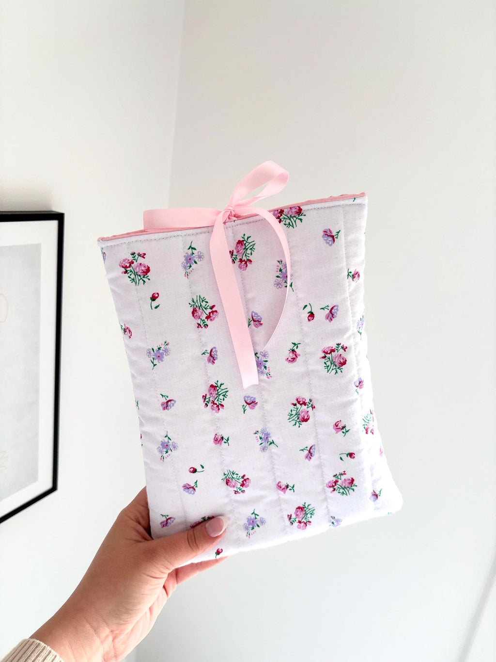 Pink floral quilted book sleeve