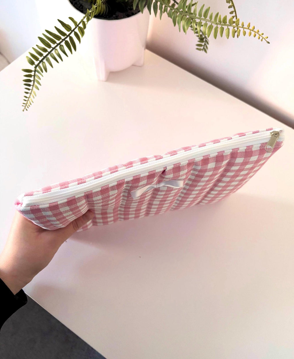 Pink gingham quilted storage pouch