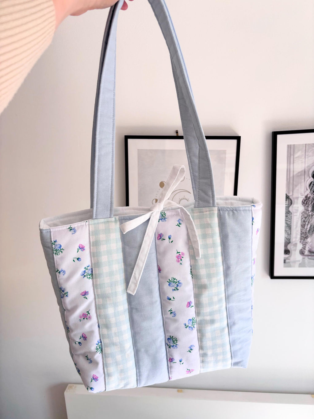 Pastel blue patchwork quilted tote bag