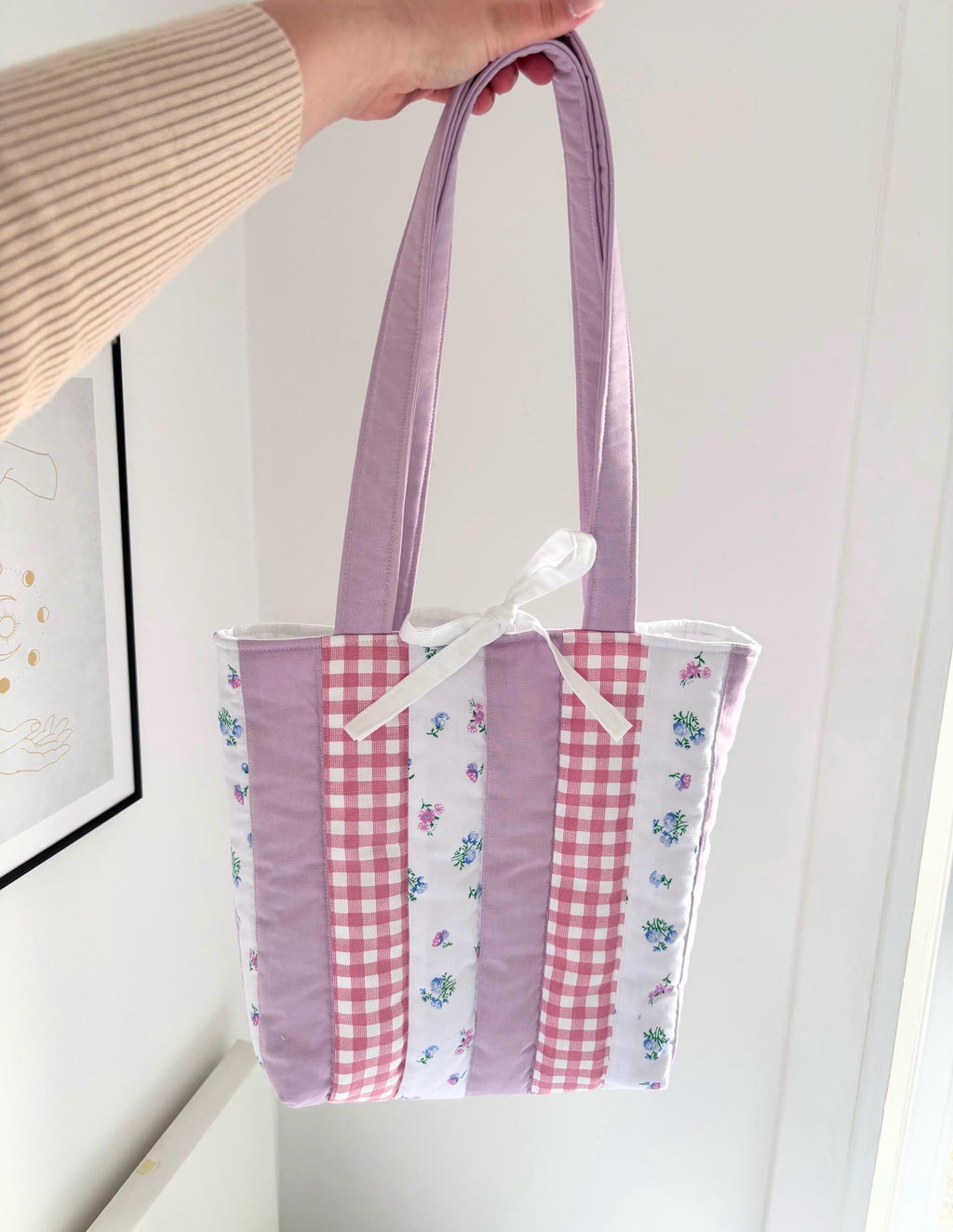 Lilac patchwork quilted tote bag