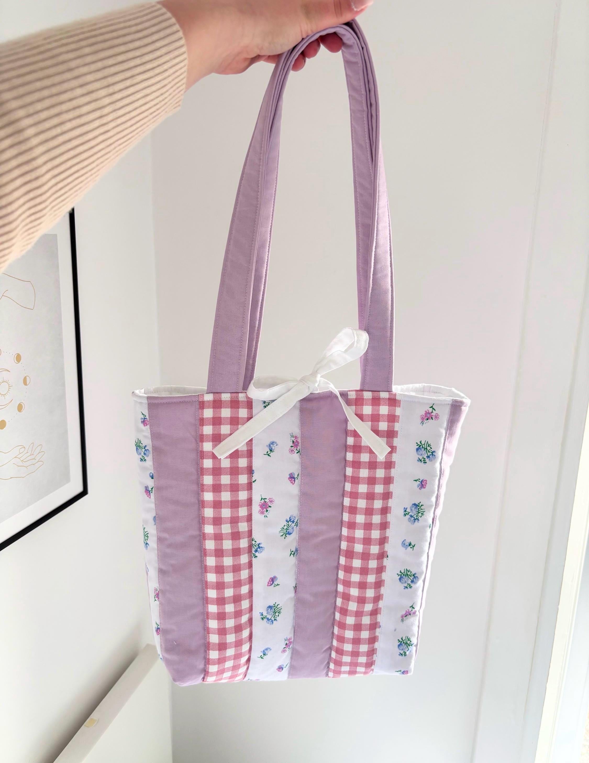 Lilac patchwork quilted tote bag
