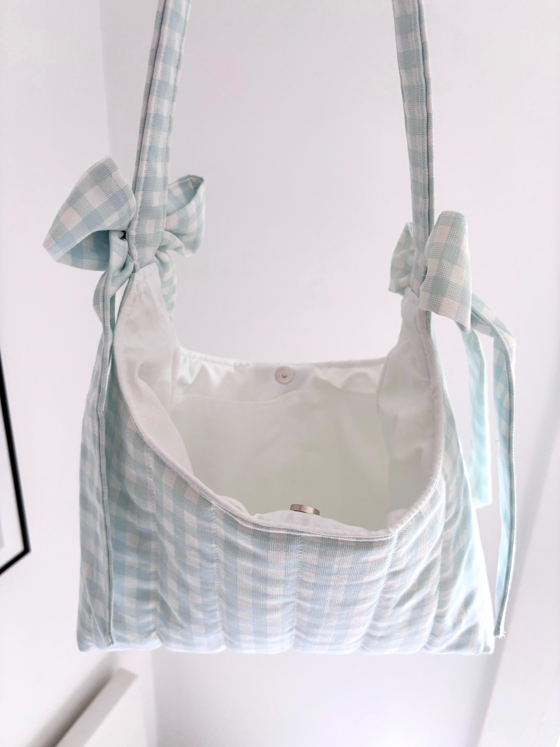Pastel blue gingham mini bow shoulder bag