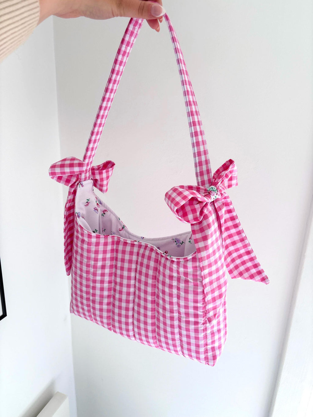Candy pink gingham floral mini bow shoulder bag