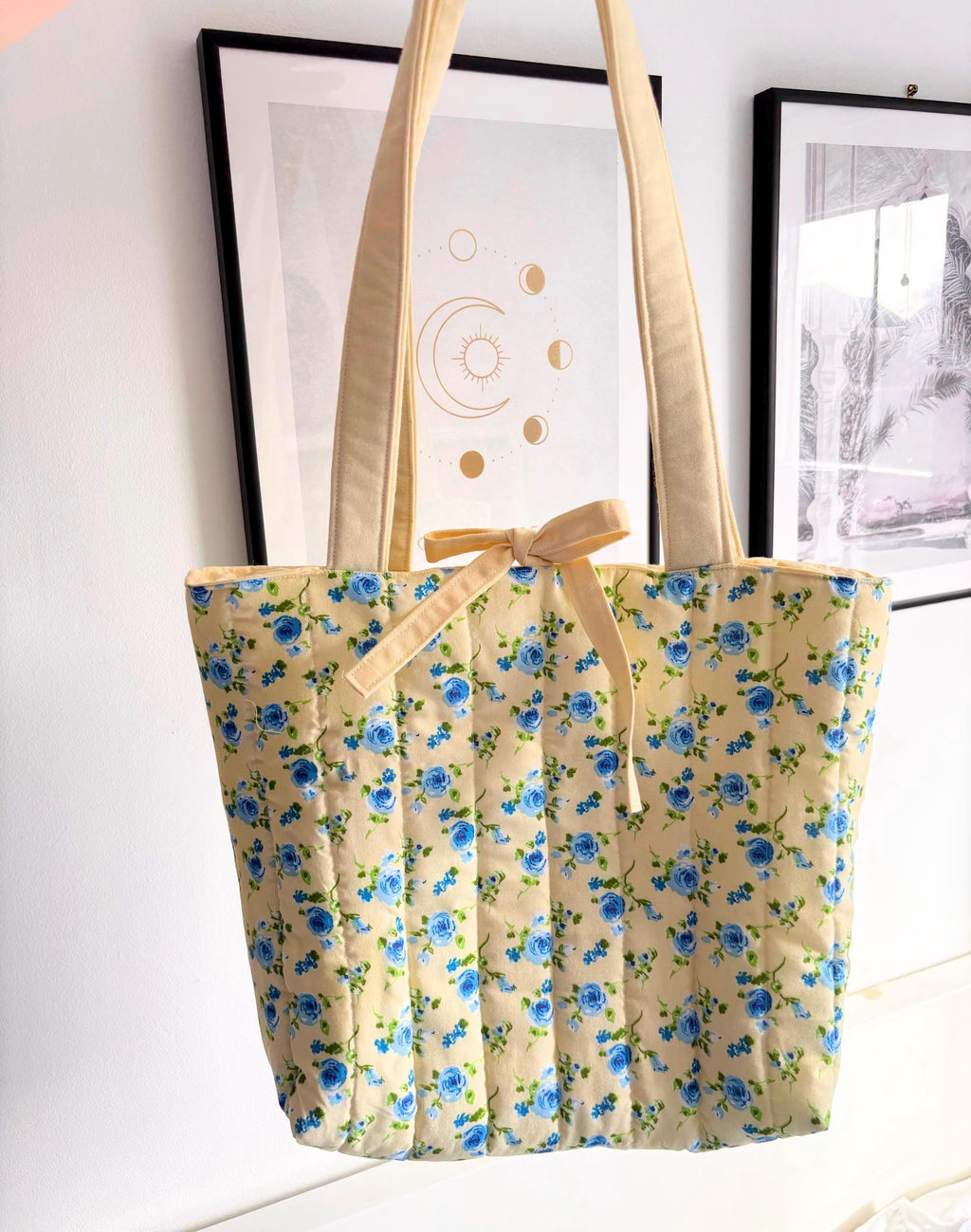 Pastel yellow and blue floral quilted tote bag