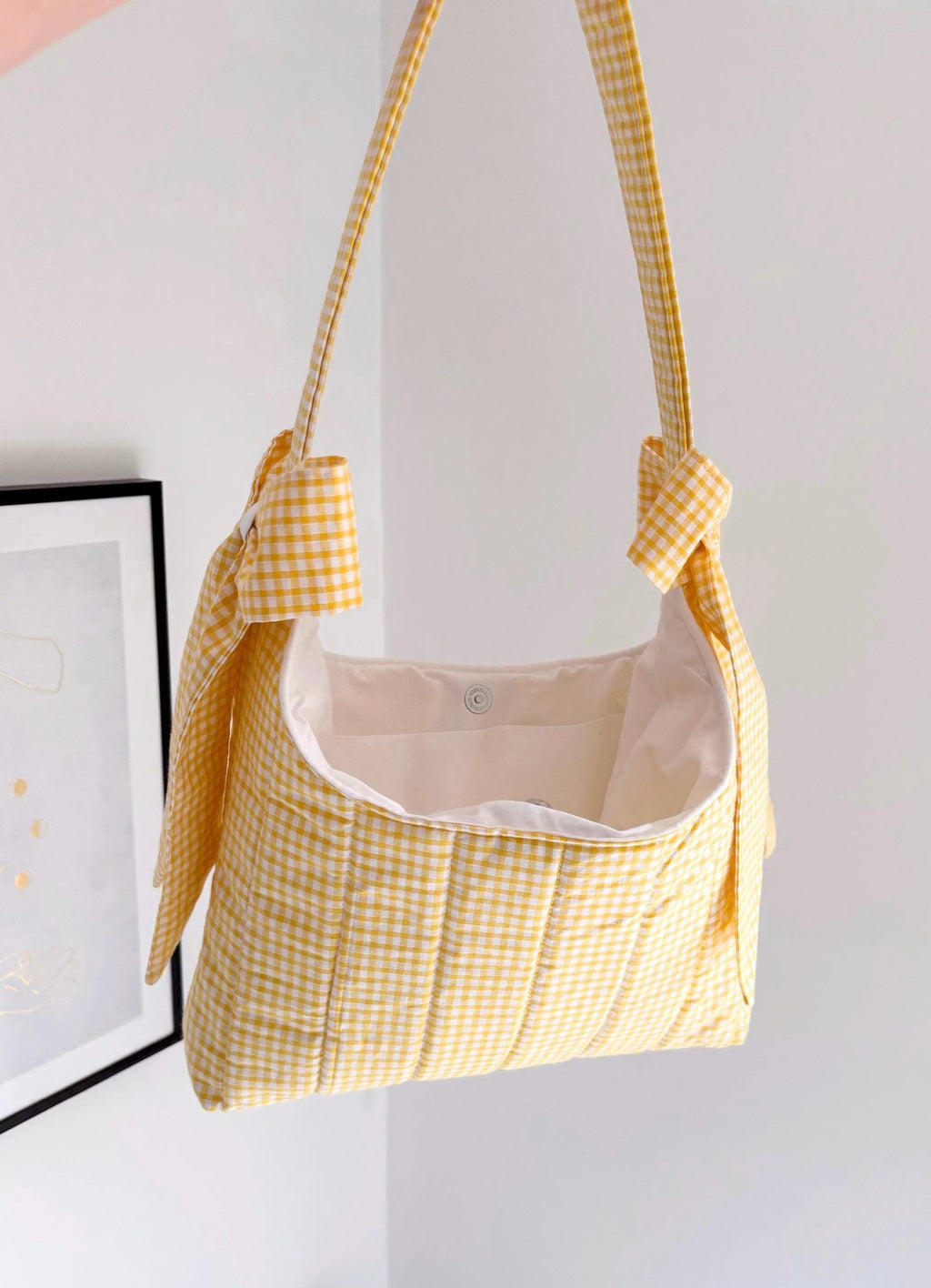 Yellow gingham mini bow shoulder bag