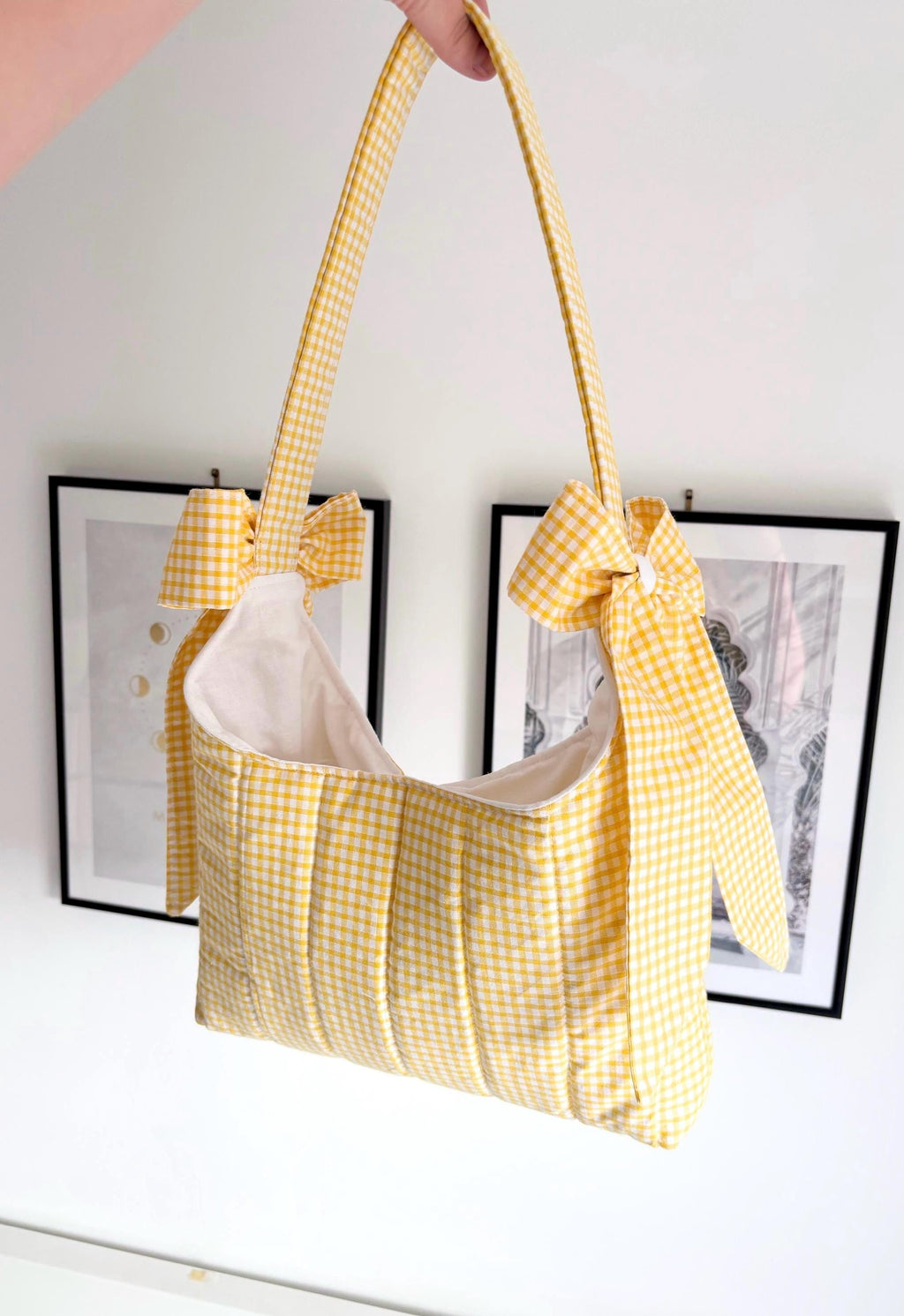 Yellow gingham mini bow shoulder bag