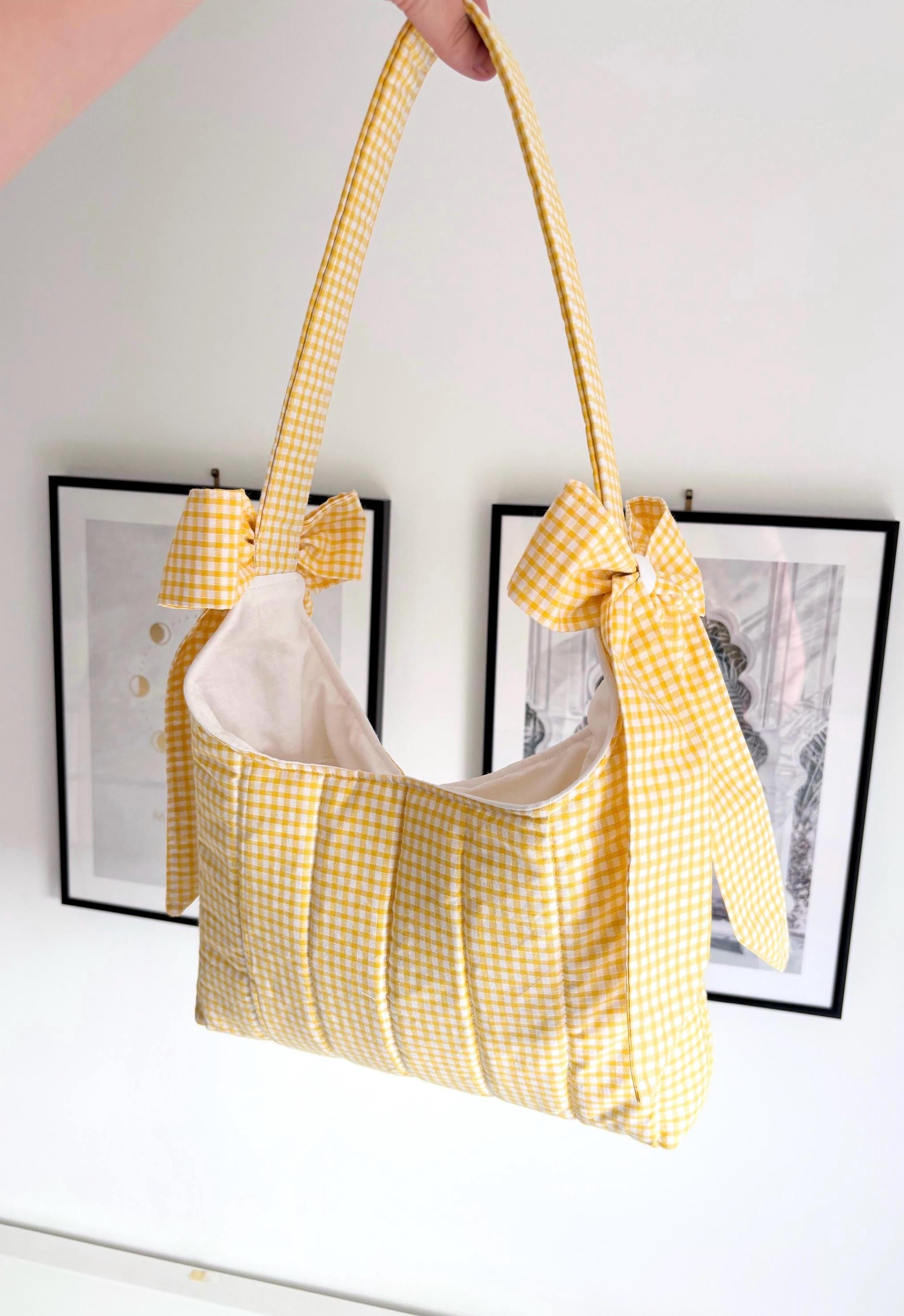 Yellow gingham mini bow shoulder bag