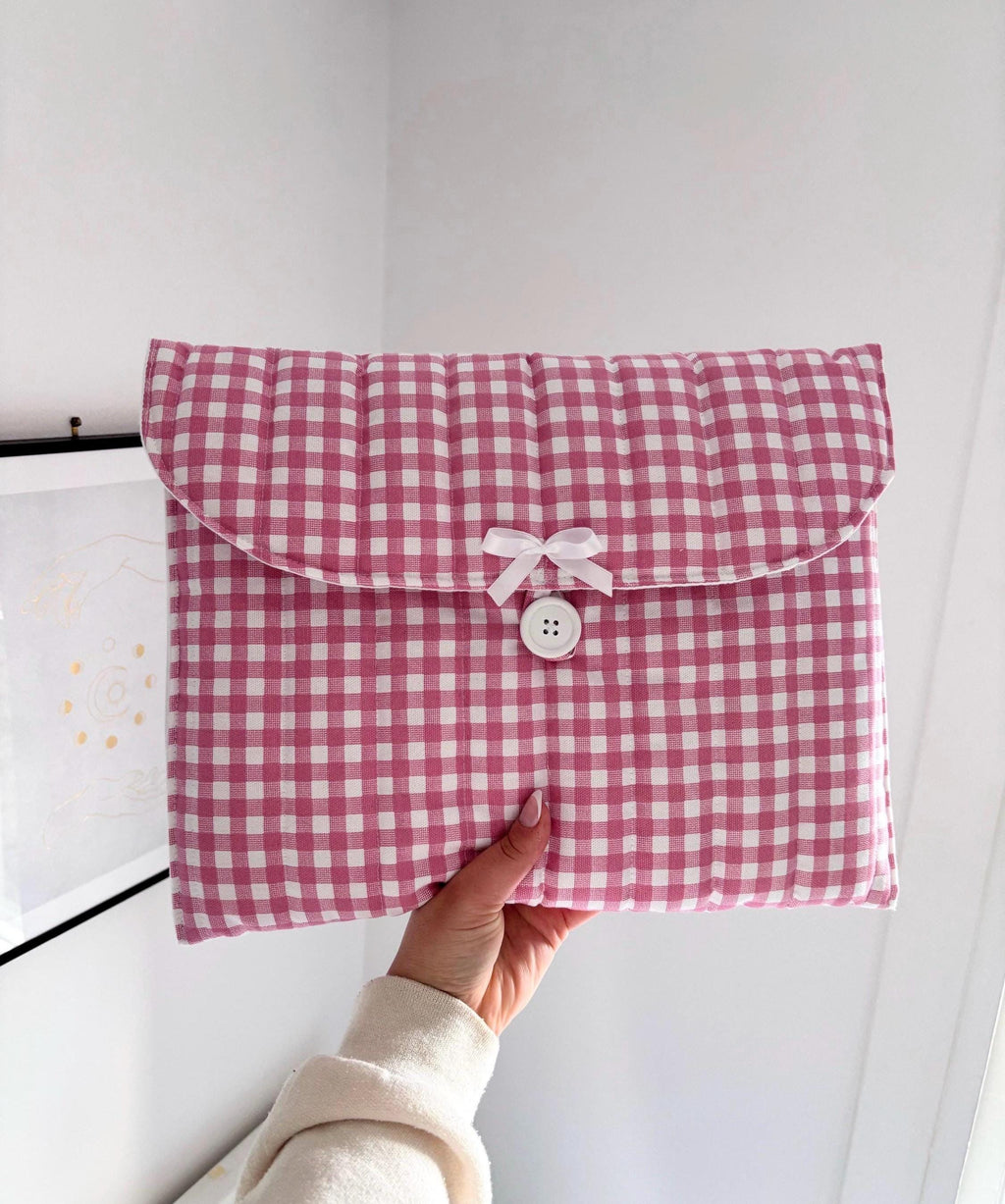 13” Pink gingham quilted laptop sleeve