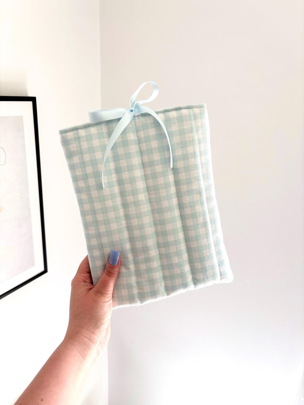 Pastel blue gingham book sleeve