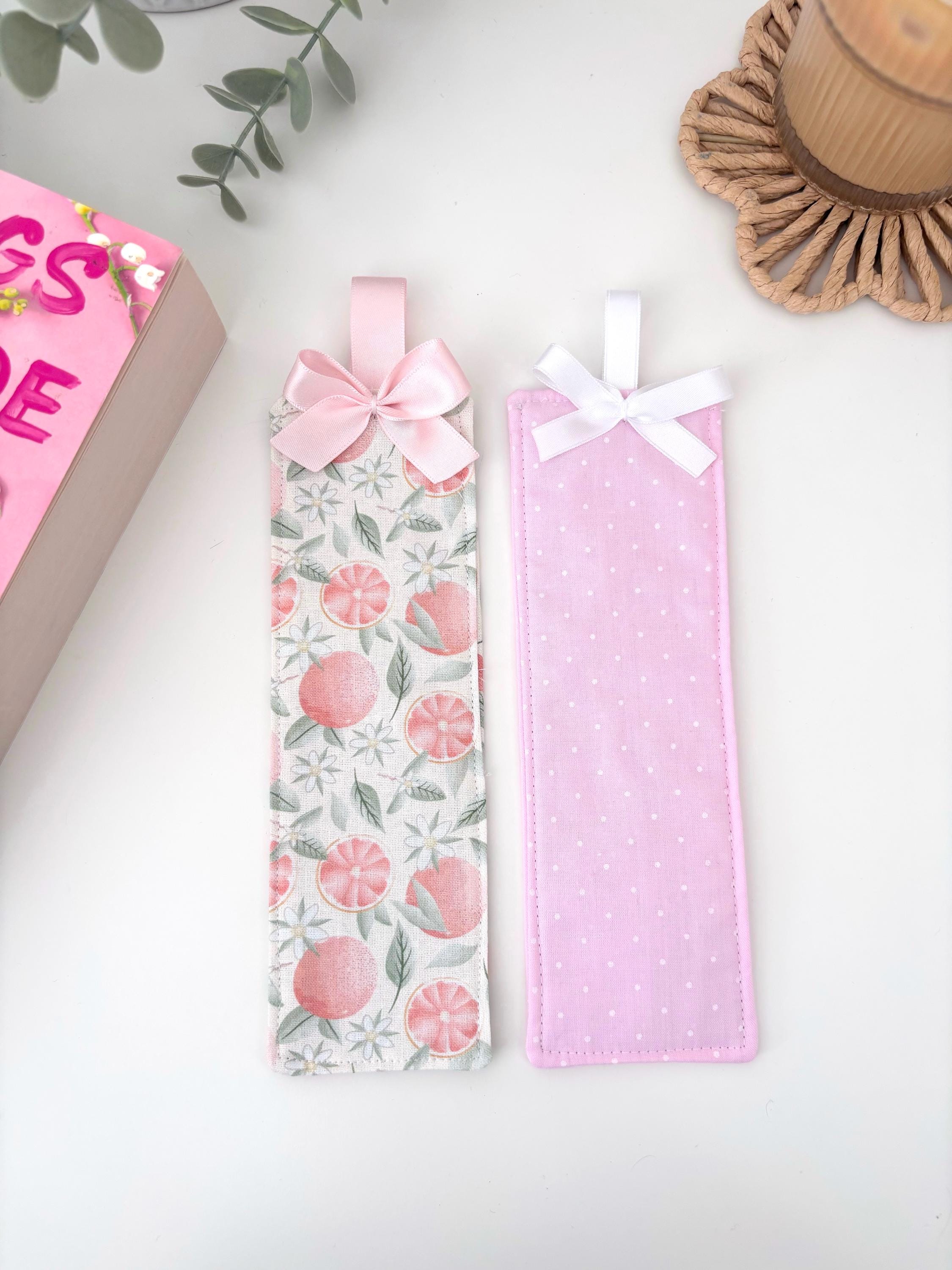 Citrus / pink polka dot fabric bookmark