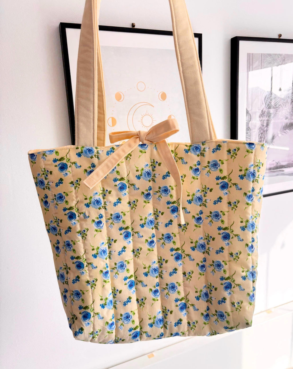 Pastel yellow and blue floral quilted tote bag