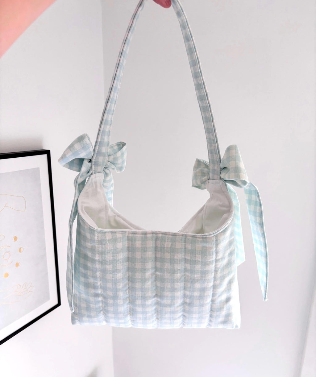 Pastel blue gingham mini bow shoulder bag