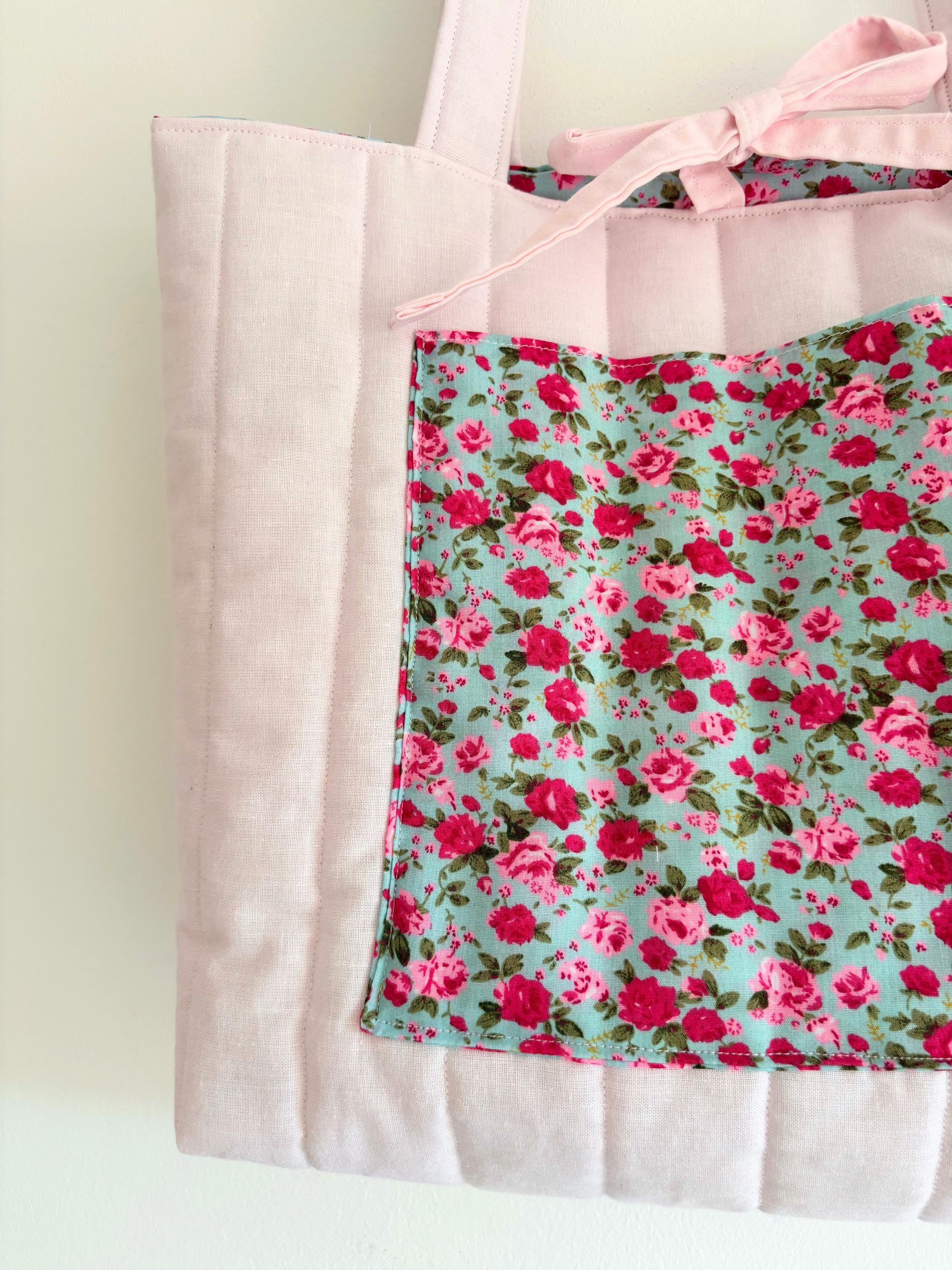 Pink floral quilted tote bag